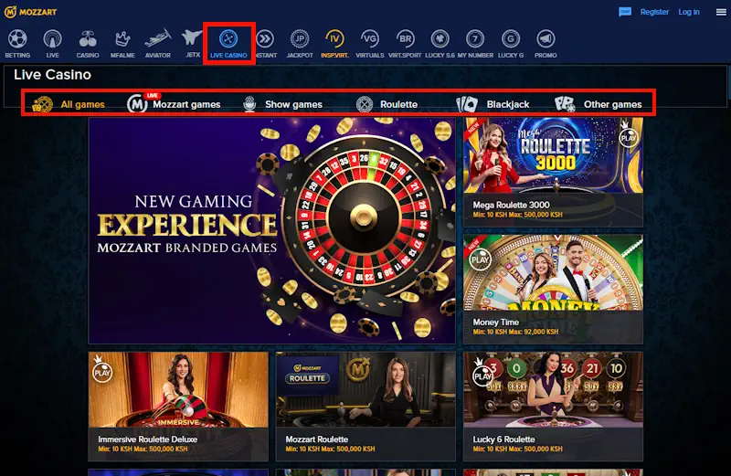 Mozzartbet Live Casino Menu and Games Screenshot